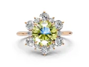 Small-Accent Cluster Halo Engagement Ring Setting for Fancy Yellow Round Cut Center with Plain Band and Prong Head in Rose Gold