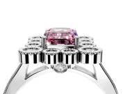 Cluster Halo Engagement Ring Setting for Fancy Pink Emerald Cut Center with Milgrain Bezel Accents and Prong Head in White Gold