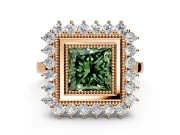 Halo Engagement Ring Setting for Fancy Green Princess Cut Center with Milgrain Bezel Rim, Plain Band and Prong Head in Rose Gold