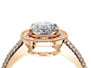 Milgrain Halo Engagement Ring Setting for Oval Center with Three-Sided Pave Band and Prong Head in Rose Gold