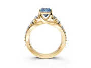 Solitaire Engagement Ring Setting for Fancy Blue Cushion Cut Center with Graduated Shared Prongs and Prong Head in Yellow Gold