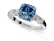 3 Stone Engagement Ring Setting for Fancy Blue Cushion Cut Center with Baguette Accents and Prong Head in White Gold