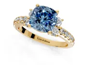 Paired Accent Engagement Ring Setting for Fancy Blue Cushion Cut Center with Pave Band and Prong Head in Yellow Gold