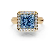 Halo Engagement Ring Setting for Fancy Blue Princess Cut Center with Square Band and Prong Head in Yellow Gold