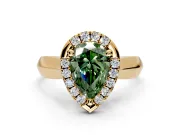 Halo Engagement Ring Setting for Fancy Green Pear-Shaped Center with Square Band and Prong Head in Yellow Gold