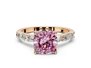 Baguette Engagement Ring Setting for Fancy Pink Cushion Cut Center with Alternating Bar-Set Band and Prong Head in Rose Gold