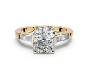 3 Stone Engagement Ring Setting for Radiant Cut Center with Tapered Baguettes, Plain Band and Prong Head in Yellow Gold