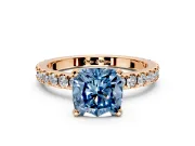 Solitaire Engagement Ring Setting for Fancy Blue Cushion Cut Center with Fine Pave Band and Claw Prong Head in Rose Gold