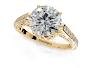 Cathedral Engagement Ring Setting for Round Cut Center with Antique-Style Pave Band and Prong Head in Yellow Gold