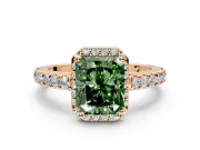 Halo Engagement Ring Setting for Fancy Green Radiant Cut Center with Full Pave Band and Prong Head in Rose Gold