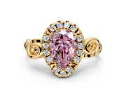 Halo Engagement Ring Setting for Fancy Pink Pear-Shaped Center with Open Scroll Shoulders and Prong Head in Yellow Gold