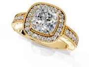 Milgrain Halo Engagement Ring Setting for Cushion Cut Center with Pave Band and Prong Head in Yellow Gold