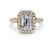 Halo Engagement Ring Setting for Emerald Cut Center with Narrowing Pave Band and Prong Head in Yellow Gold