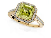 Halo Engagement Ring Setting for Fancy Yellow Asscher Cut Center with Narrowing Pave Band and Prong Head in Yellow Gold
