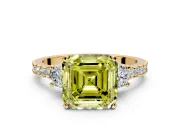 3 Stone Engagement Ring Setting for Fancy Yellow Asscher Cut Center with Round Cut Side Accents and Prong Head in Yellow Gold