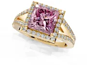 Halo Engagement Ring Setting for Fancy Pink Princess Cut Center with Pave Split Shank and Prong Head in Yellow Gold