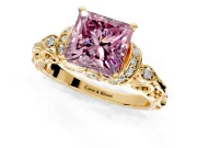 Solitaire Engagement Ring Setting for Fancy Pink Princess Cut Center with Filigree Band and Prong Head in Yellow Gold