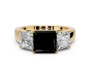 3 Stone Engagement Ring Setting for Fancy Black Princess Cut Center with Raised Basket Heads and Prong Head in Yellow Gold