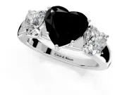3 Stone Engagement Ring Setting for Fancy Black Heart-Shaped Center with Raised Basket Heads and Prong Head in Platinum