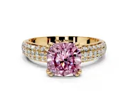 Solitaire Engagement Ring Setting for Fancy Pink Cushion Cut Center with Multi-Row Pave Accents and Basket Head in Yellow Gold