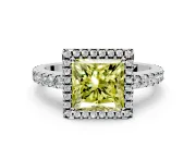 Accent Halo Engagement Ring Setting for Fancy Yellow Princess Cut Center with Full-Length Pave Band and Prong Head in Platinum