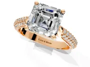 Solitaire Engagement Ring Setting for Asscher Cut Center with Multi-Row Accents and Prong Head in Rose Gold