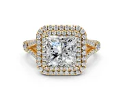 Double Halo Engagement Ring Setting for Princess Cut Center with Narrow Pave Split Shank and Prong Head in Yellow Gold