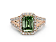 Halo Engagement Ring Setting for Fancy Green Emerald Cut Center with Narrow Pave Split Shank and Prong Head in Rose Gold