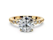 Solitaire Engagement Ring Setting for Round Cut Center with Bezel-Dot Beaded Band and Prong Head in Yellow Gold