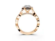 Halo Engagement Ring Setting for Emerald Cut Center with Twist Band and Prong Head in Rose Gold