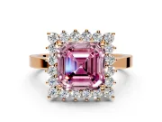 Starburst Halo Engagement Ring Setting for Fancy Pink Asscher Cut Center with Flat Cathedral Band and Prong Head in Rose Gold