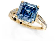 Cathedral Engagement Ring Setting for Fancy Blue Asscher Cut Center with Antique-Style Pave Band and Prong Head in Yellow Gold