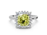 Starburst Halo Engagement Ring Setting for Fancy Yellow Cushion Cut Center with Thin Round-Wire Band and Prong Head in White Gold