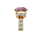 Paired Accent Engagement Ring Setting for Fancy Pink Cushion Cut Center with Pave Band and Prong Head in Yellow Gold