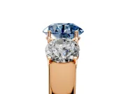 3 Stone Engagement Ring Setting for Fancy Blue Round Cut Center with Raised Basket Heads and Prong Head in Rose Gold