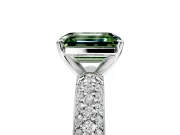 Solitaire Engagement Ring Setting for Fancy Green Emerald Cut Center with Domed Multi-Row Pave Band and Prong Head in Sterling Silver