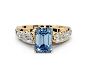 Solitaire Engagement Ring Setting for Fancy Blue Emerald Cut Center with Graduated Shared Prongs and Prong Head in Yellow Gold