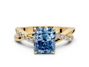 Crossover Engagement Ring Setting for Fancy Blue Radiant Cut Center with Pave and Plain Strands and Prong Head in Yellow Gold