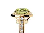 Bezel-Framed Halo Engagement Ring Setting for Fancy Yellow Asscher Cut Center with Pave Band and Prong Head in Yellow Gold