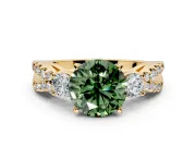 3 Stone Engagement Ring Setting for Fancy Green Round Cut Center with Pave Split Shank and Prong Head in Yellow Gold