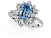 Floral Halo Engagement Ring Setting for Fancy Blue Emerald Cut Center with Pave Accents and Prong Head in Platinum