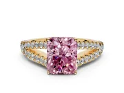Solitaire Engagement Ring Setting for Fancy Pink Radiant Cut Center with Pave Split Shank and Prong Head in Yellow Gold