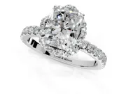 Halo Engagement Ring Setting for Radiant Cut Center with Openwork Halo, Pave Band and Prong Head in Sterling Silver