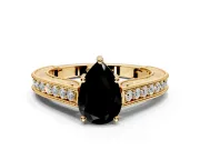 Solitaire Engagement Ring Setting for Fancy Black Pear-Shaped Center with Engraved Pave Band and Prong Head in Yellow Gold