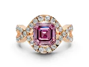 Halo Engagement Ring Setting for Fancy Pink Asscher Cut Center with Pave Infinity Twist Band and Prong Head in Rose Gold