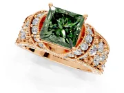 Pave Engagement Ring Setting for Fancy Green Princess Cut Center with Curved Accent Rows, Openwork and Prong Head in Rose Gold