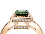 Halo Engagement Ring Setting for Fancy Green Emerald Cut Center with Metal-Rimmed Halo, Pave Band and Prong Head in Rose Gold