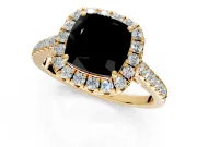Halo Engagement Ring Setting for Fancy Black Cushion Cut Center with Narrowing Pave Band and Prong Head in Yellow Gold