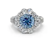 Large Accent Halo Engagement Ring Setting for Fancy Blue Round Cut Center with Pave Split Shank and Prong Head in Sterling Silver