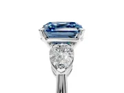 3 Stone Engagement Ring Setting for Fancy Blue Asscher Cut Center with Large Pear-Shaped Accents and Prong Head in Platinum